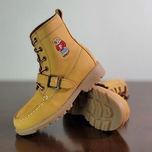Polo Ralph Lauren Bear Ranger Leather Suede Combat Moto Boots Wheat Brown New